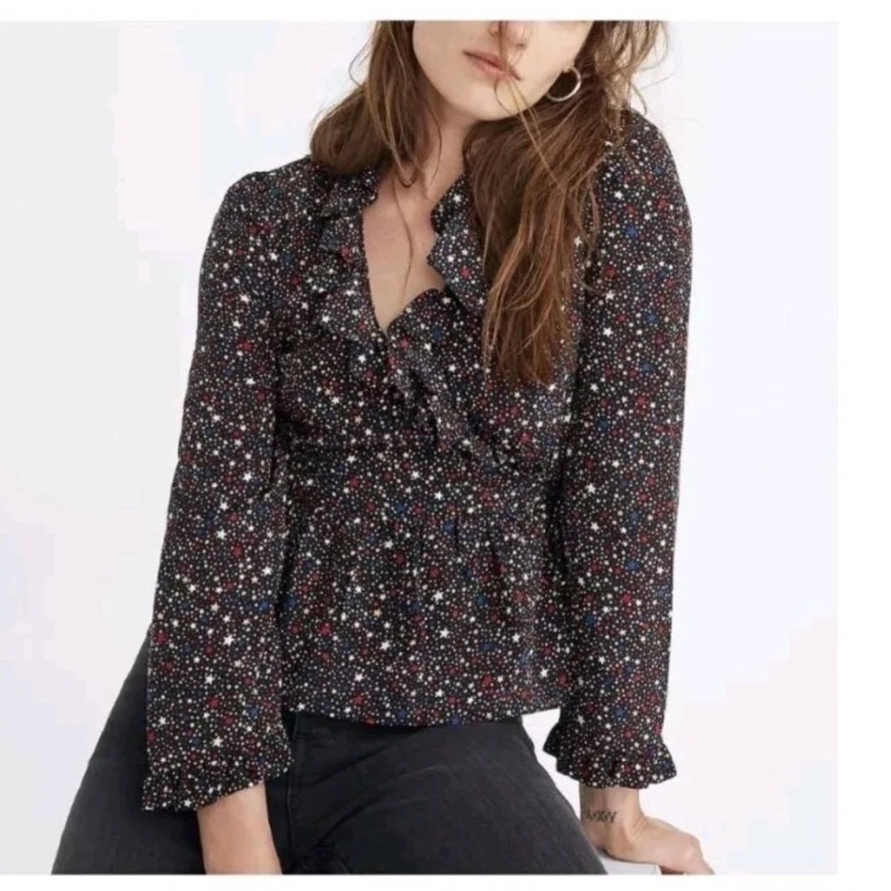 Madewell Star Print Ruffle Wrap Peplum Blouse Top Long Sleeve XL 100% Silk